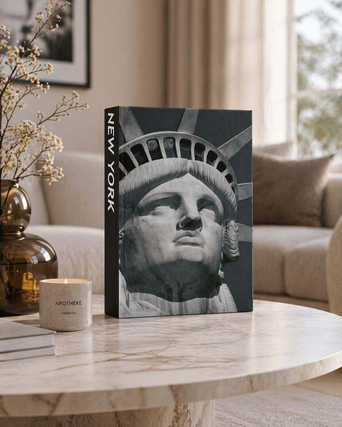 Deko Buch New York als Bücherstapel auf Couchtisch – Wohnzimmer Dekoration