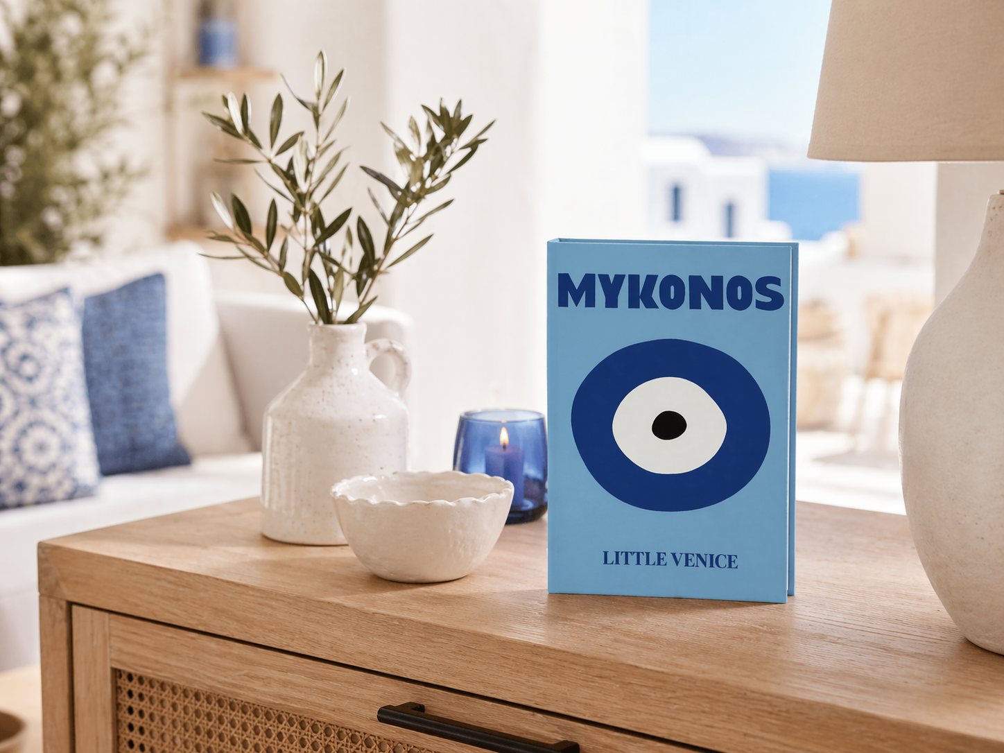 Deko Buch Mykonos – Dekoratives Buch als Sommerdeko Bücherstapel Couchtisch